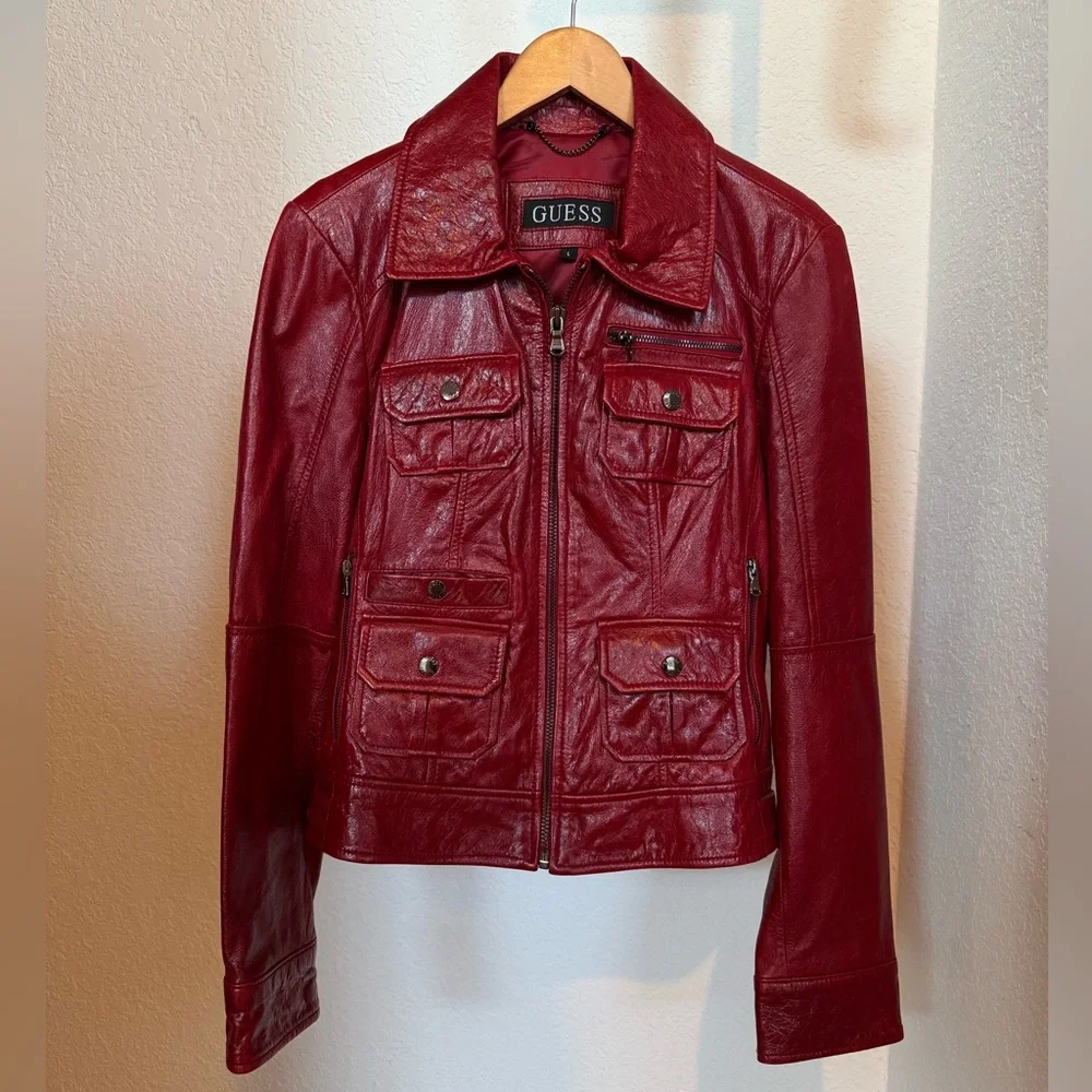 Women's Vintage Guess Los Angeles Maroon Red Leather Jacket Multi Pockets Large - Picture 2 of 15